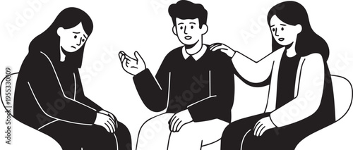 A supportive therapy session where a counselor and a friend offer emotional comfort to a sad woman sitting on a couch together isolated on transparent background