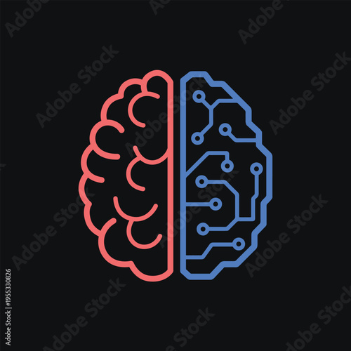 Neon style icon of artificial intelligence and human brain on dark background split concept showing comparison between technology and human thinking innovation digital future and creativity contrast