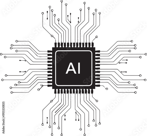 A minimalist black and white graphic design featuring a central computer processor chip with interconnected circuit board lines isolated on transparent background