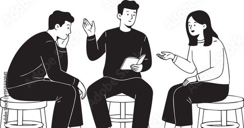 A black and white line art illustration showing a group of three young people sitting on stools and having a collaborative discussion isolated on transparent background