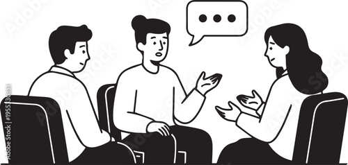 A black and white line art illustration of three young people sitting on stools and having a collaborative group discussion isolated on transparent background