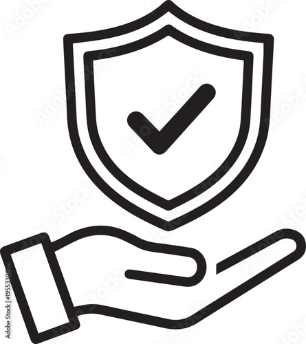 A minimalist black and white line art icon showing a protective shield with a check mark held carefully in a human hand isolated on transparent background