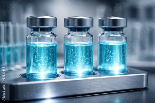 Glowing peptide serum in glass vials with clinical laboratory lighting