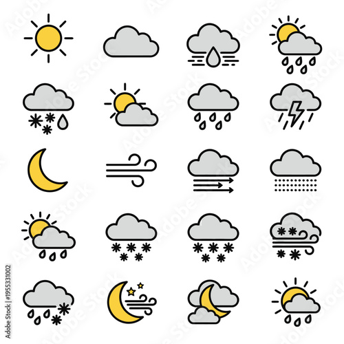 World Meteorological Day collection of weather icons representing different meteorological phenomena and conditions