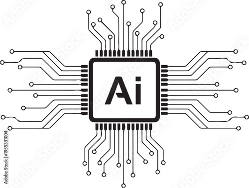 A minimalist black and white graphic illustration featuring a digital computer microchip with the text ai in the center isolated on transparent background