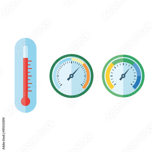 Thermometer and gauges icon set for World Meteorological Day celebration and climate monitoring