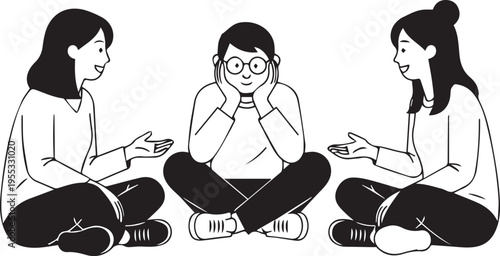A minimalist black and white illustration showing two women talking to a man who is sitting in the middle with his hands isolated on transparent background