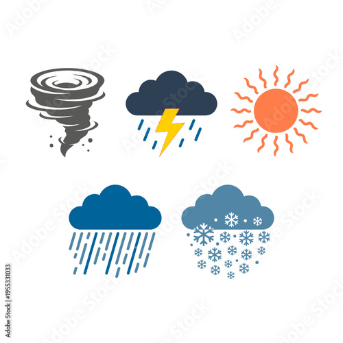 Vibrant weather forecast icons set, including sun, rain, snow, storm, and tornado, ideal for World Meteorological Day, illustrating diverse global conditions