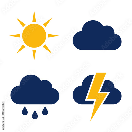 Weather Forecast Icons on World Meteorological Day - Sun, Clouds, Rain, and Lightning