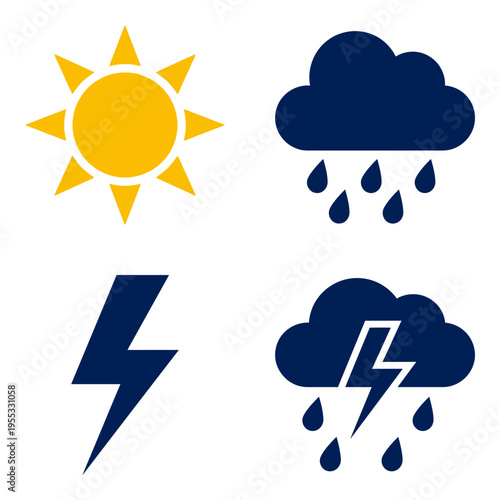 Clean vector weather icons sun, rain, lightning. Celebrate World Meteorological Day; perfect for forecasts, educational graphics, and digital projects