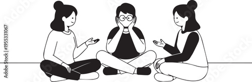 A minimalist black and white illustration of two women talking to a man who is sitting in the middle feeling overwhelmed isolated on transparent background