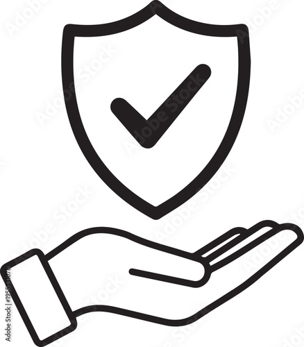 A minimalist black and white line art icon showing a protective shield with a check mark held above an open human palm hand isolated on transparent background