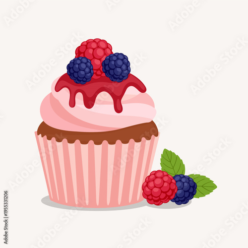 Sweet Berry Cupcakes with Fresh Strawberries, Raspberries, and Blueberries Illustration