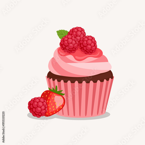 Sweet Berry Cupcakes with Fresh Strawberries, Raspberries, and Blueberries Illustration