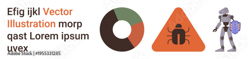 Technology, cybersecurity, AI development, data visualization, malware alert, robotics. Pie chart, bug warning triangle and robot figure with a backpack. Technology and cybersecurity concept