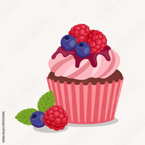 Sweet Berry Cupcakes with Fresh Strawberries, Raspberries, and Blueberries Illustration