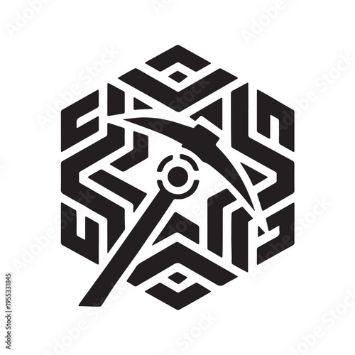 Abstract pickaxe symbol with geometric labyrinth background for technology and resource exploration