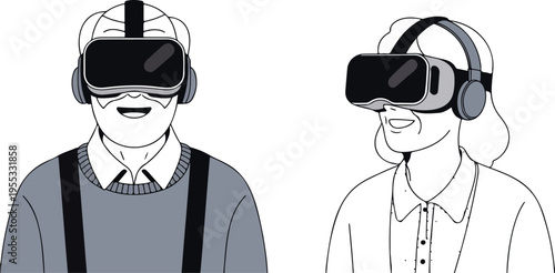 Senior elderly couple using virtual reality headsets for immersive experience in metaverse and digital technology flat vector illustration isolated on white.