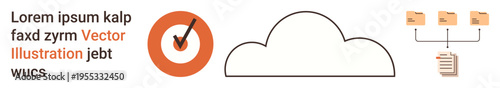 Data storage, cloud computing, file management, digital organization, secure verification, virtual connectivity. Cloud icon with file hierarchy and check mark. Data storage and cloud computing