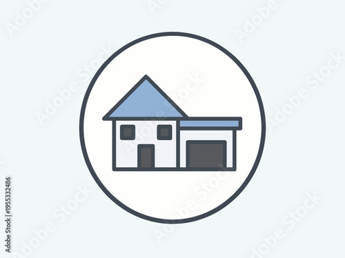 A simple line art icon illustration of a house with a garage and a pitched roof, presented within a clean circular outline