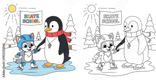 Cartoon penguin coach teaching a wolf puppy to ice skate, vector illustration of cute animals