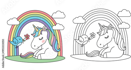 Cute cartoon unicorn sitting under rainbow with blue bird holding flower, fantasy vector illustration