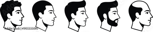 Professional male head profile silhouettes displaying different stages of hair loss and beard growth for medical hair restoration and grooming industry marketing