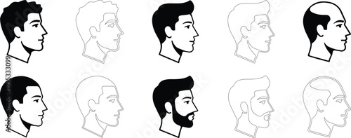 Male profile head set featuring various hair styles and beard options presented in solid black silhouettes and thin line art icons for barber shop branding designs
