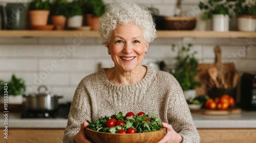 A smiling elderly woman with curly white hair holds a bowl of fresh salad in a cozy kitchen filled with plants and wooden utensils.
