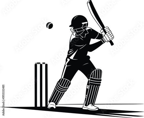 Cricket Player Hitting Ball on Field in Black and White