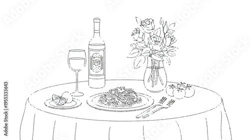 A black and white illustration of a wine bottle and glass on a table set with food and flowers