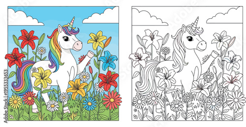 Beautiful white unicorn with rainbow mane standing in colorful flower garden, magical fantasy vector
