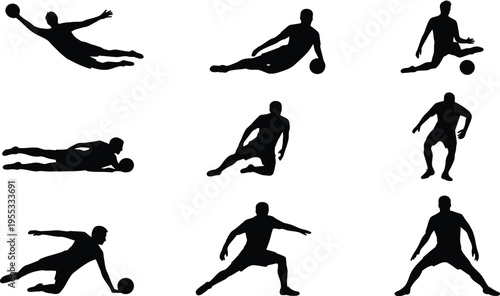 Soccer Player Silhouettes Kicking Running Diving in Various Poses on White Background