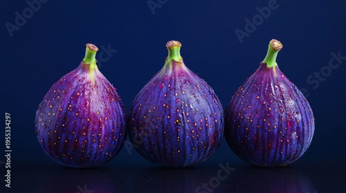 Three fresh purple figs with water droplets on a dark blue background, showcasing their vibrant color and natural texture.