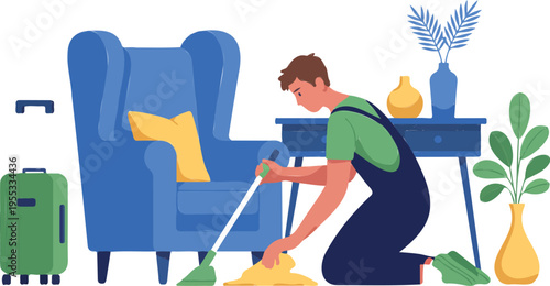 Professional male cleaner in uniform cleaning living room furniture and floor for hotel or vacation rental apartment flat vector illustration.