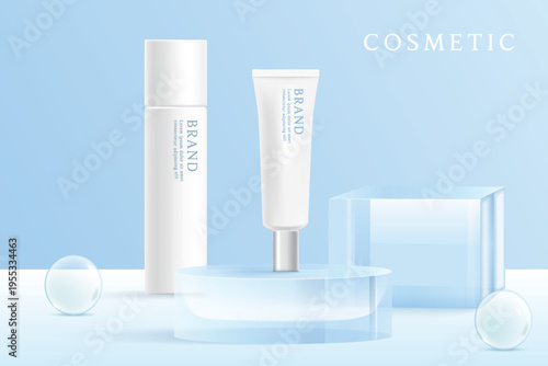 Cosmetic product ads template on blue background with glass plate.