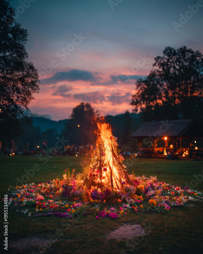 Midsummer bonfire burning in flower-ringed grassy field under colorful warm sunset sky