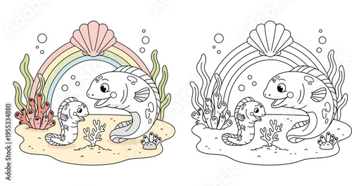 Cute cartoon moray eel parent and baby under a rainbow vector illustration. Happy sea creatures on ocean floor with coral and shell for children's coloring book or nursery decor.