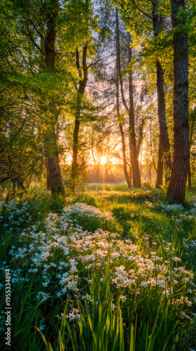 Summer meadow wildflowers with tall trees lit by warm sunset in forest clearing