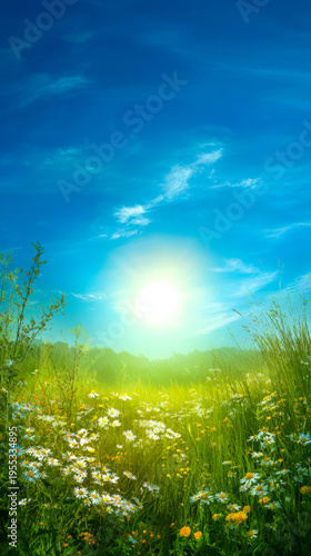 Sunrise lighting a green meadow of wildflowers, vivid colors beneath clear blue sky