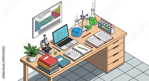 Scientific Laboratory Desk with Microscope Laptop Books and Beakers