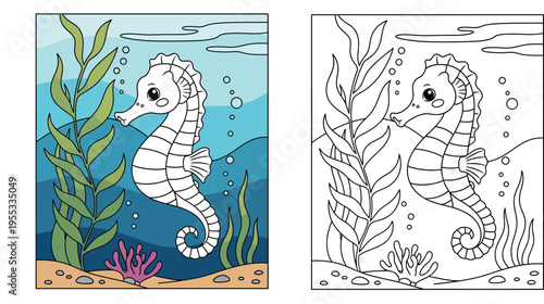 Cute cartoon seahorse swimming underwater vector illustration. Happy sea horse character with seaweed and coral on ocean bottom for children coloring book or nursery decor.