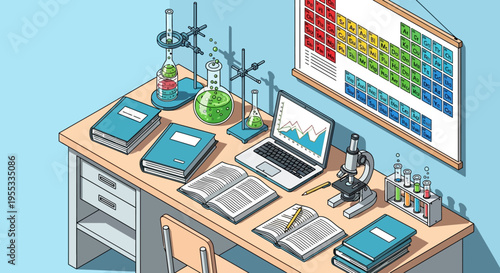 Science Laboratory Desk with Equipment and Periodic Chart