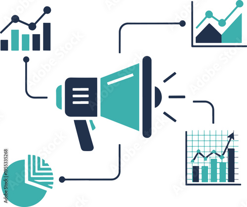 Marketing and advertising concept with megaphone surrounded by various analytical charts