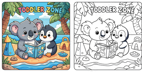 Cute cartoon koala and penguin friends reading a storybook on a tropical beach vector illustration. Happy animals learning in toddler zone with sand toys and ocean for nursery or kids education.
