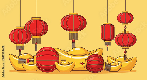 Gold ingots and red lanterns for celebration