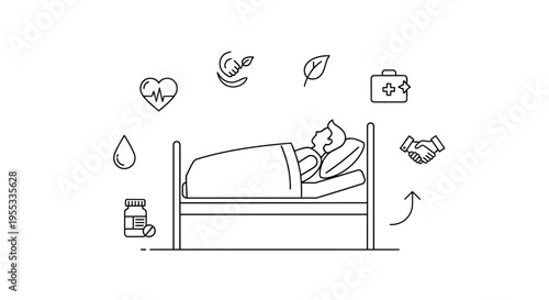 Patient in Bed with Medical Icons