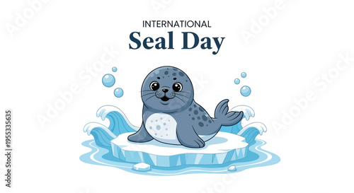A cartoon seal sitting on melting ice with water splashes, celebrating International Seal Day with a friendly expression, in a colorful illustration with a conservation awareness theme.
