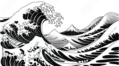 A detailed illustration depicts a gigantic wave about to crash onshore near majestic mountains.
