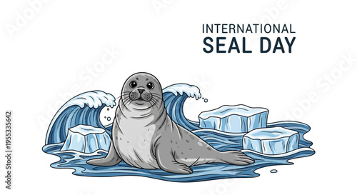 Illustration of a seal on icebergs and waves for International Seal Day, promoting marine mammal conservation awareness with a vector design.